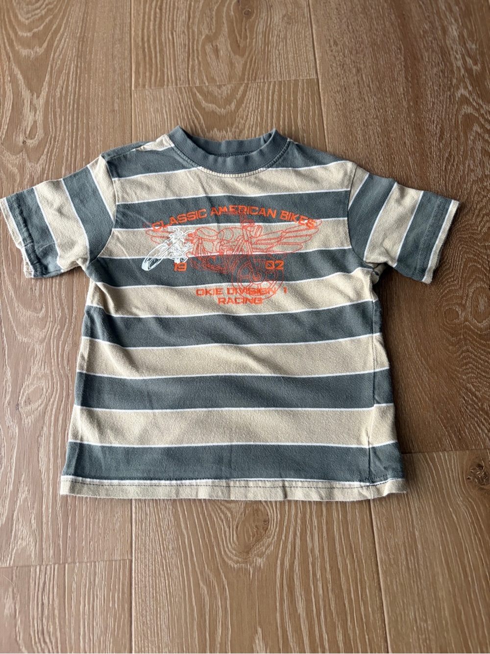 Okie Dokie 4T Striped Motorcycle Graphic T-Shirt Green Beige Orange Toddler Boys